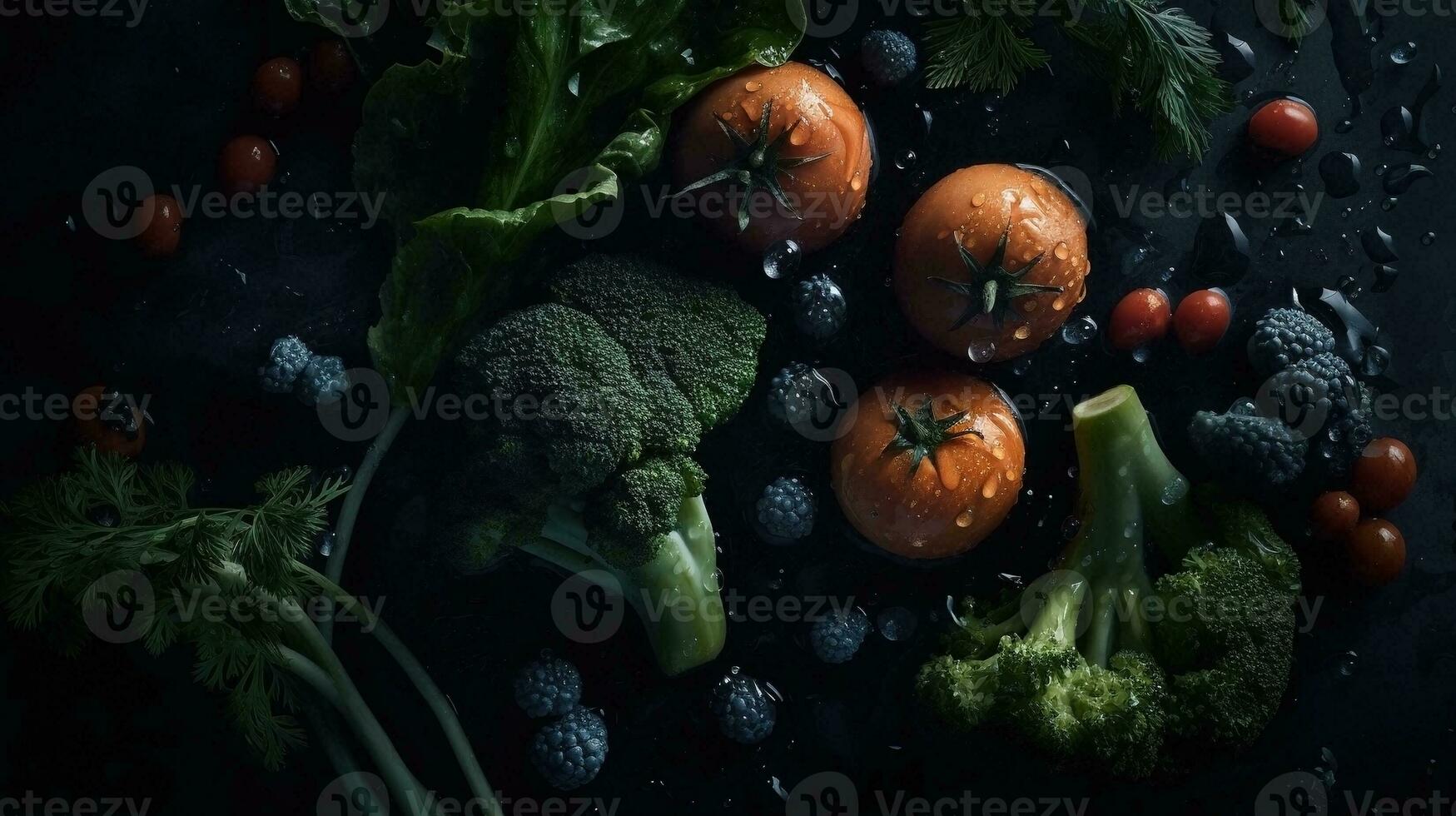 ai gegenereerd detailopname van vers groenten met water druppels Aan donker achtergrond. gezond voedsel concept foto