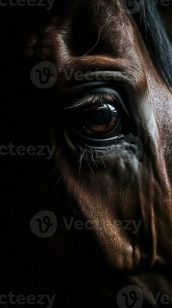 ai gegenereerd detailopname paard oog, portret van dier Aan donker achtergrond. ai gegenereerd foto