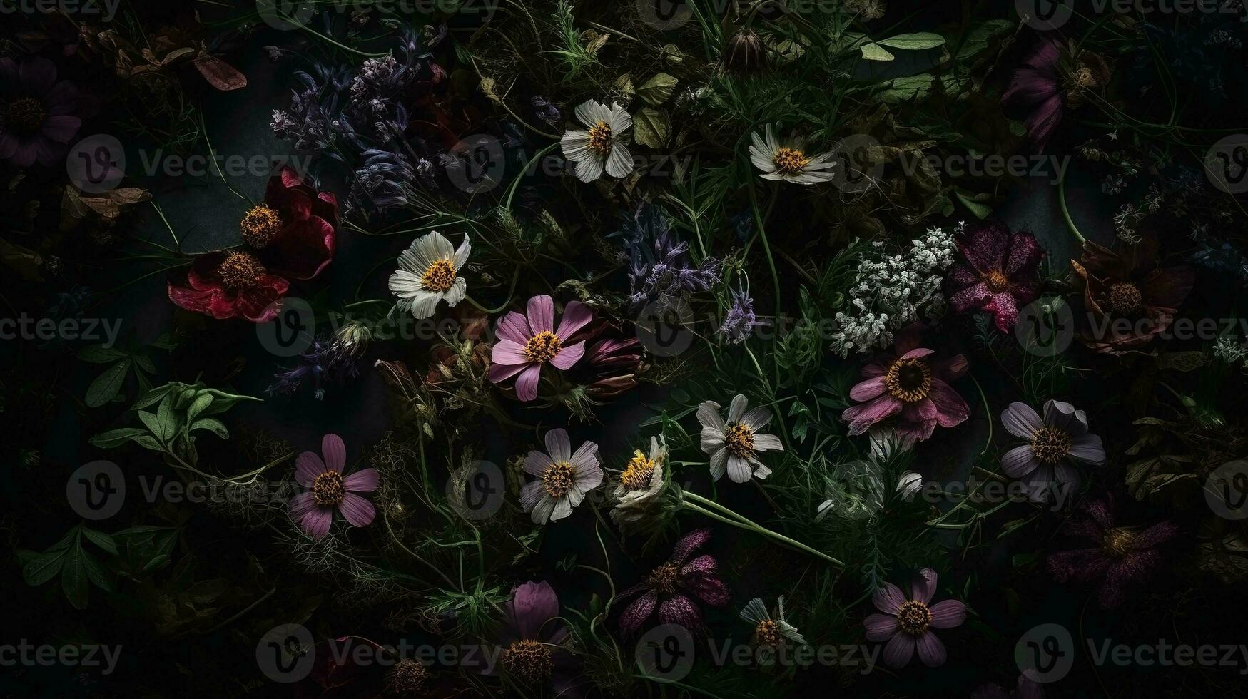 ai gegenereerd wilde bloemen donker humeurig romantisch achtergrond. detailopname bloemen kaart achtergrond. ai gegenereerd foto