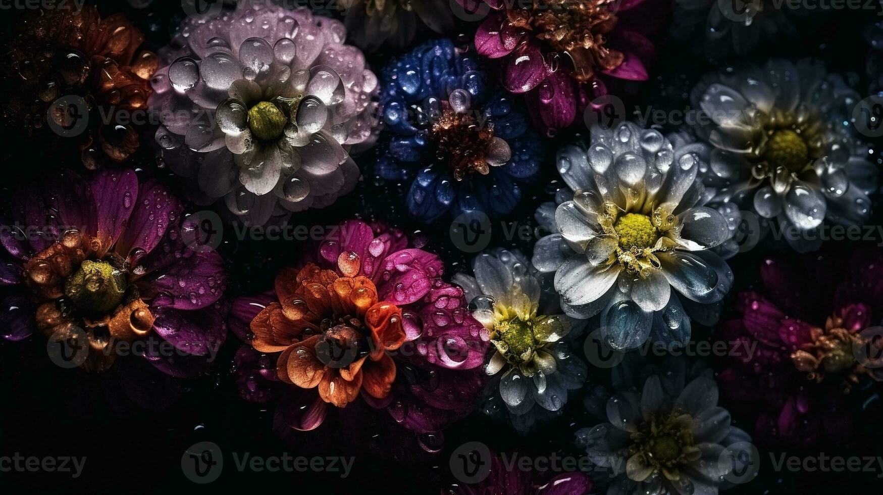 ai gegenereerd bloemen met druppels van water detailopname donker romantisch achtergrond. wilde bloemen behang. ai gegenereerd foto