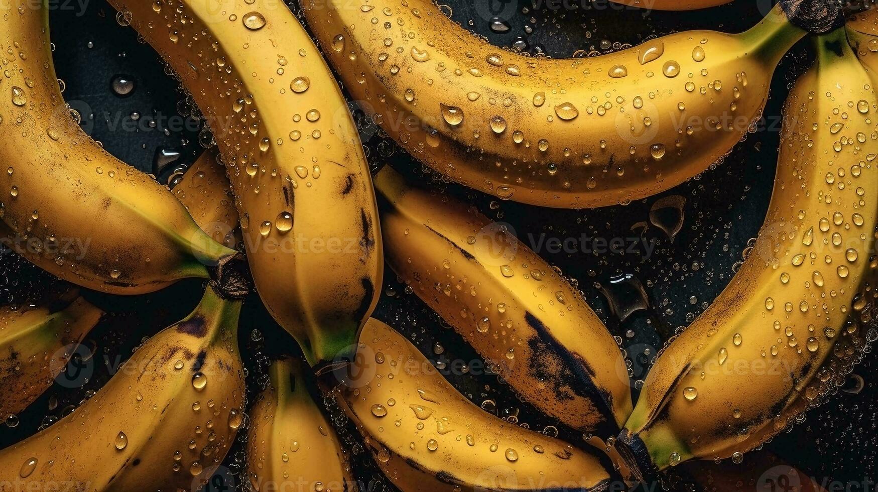 ai gegenereerd detailopname van bananen met water druppels Aan donker achtergrond. fruit behang foto