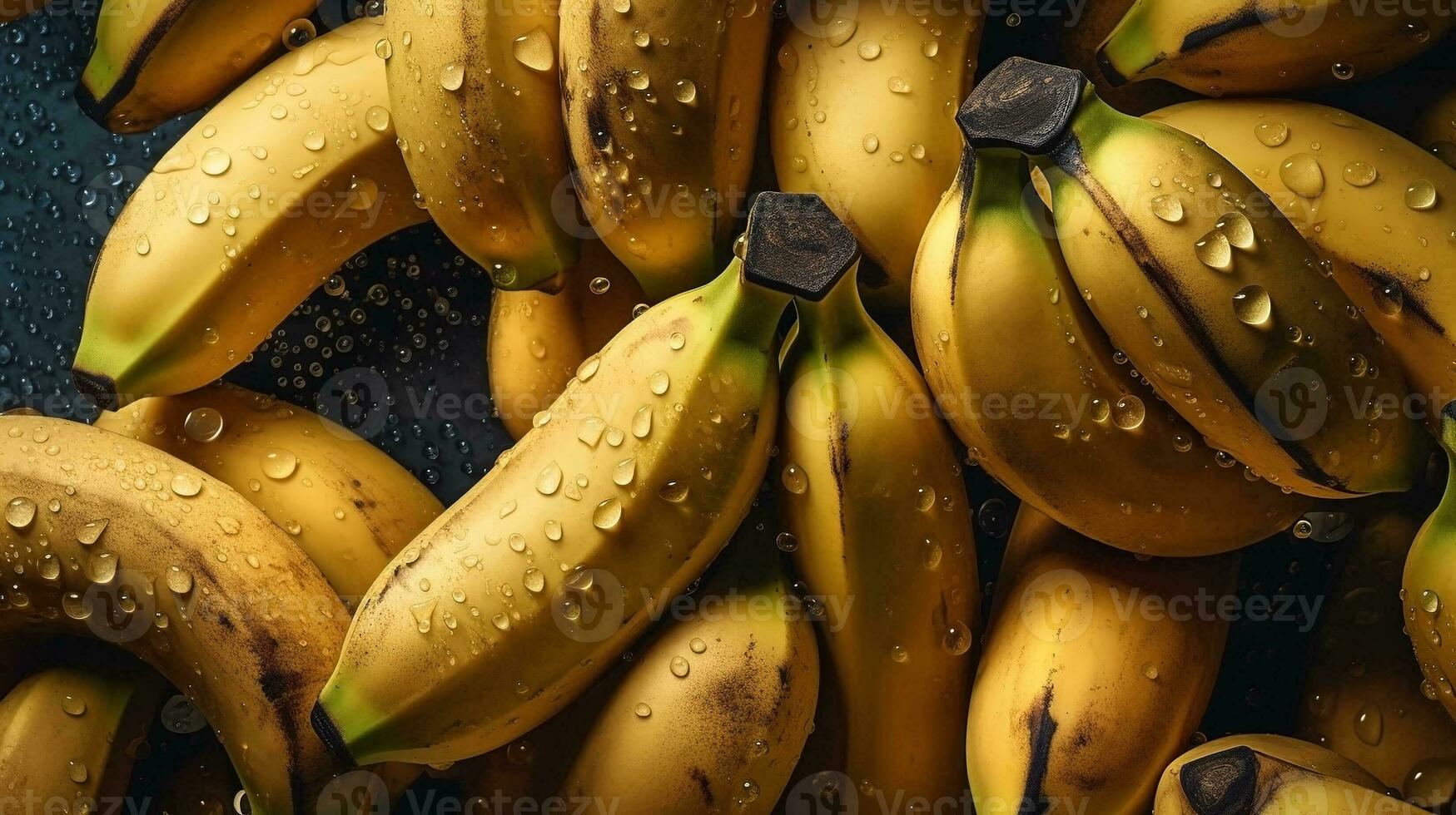 ai gegenereerd detailopname van bananen met water druppels Aan donker achtergrond. fruit behang foto