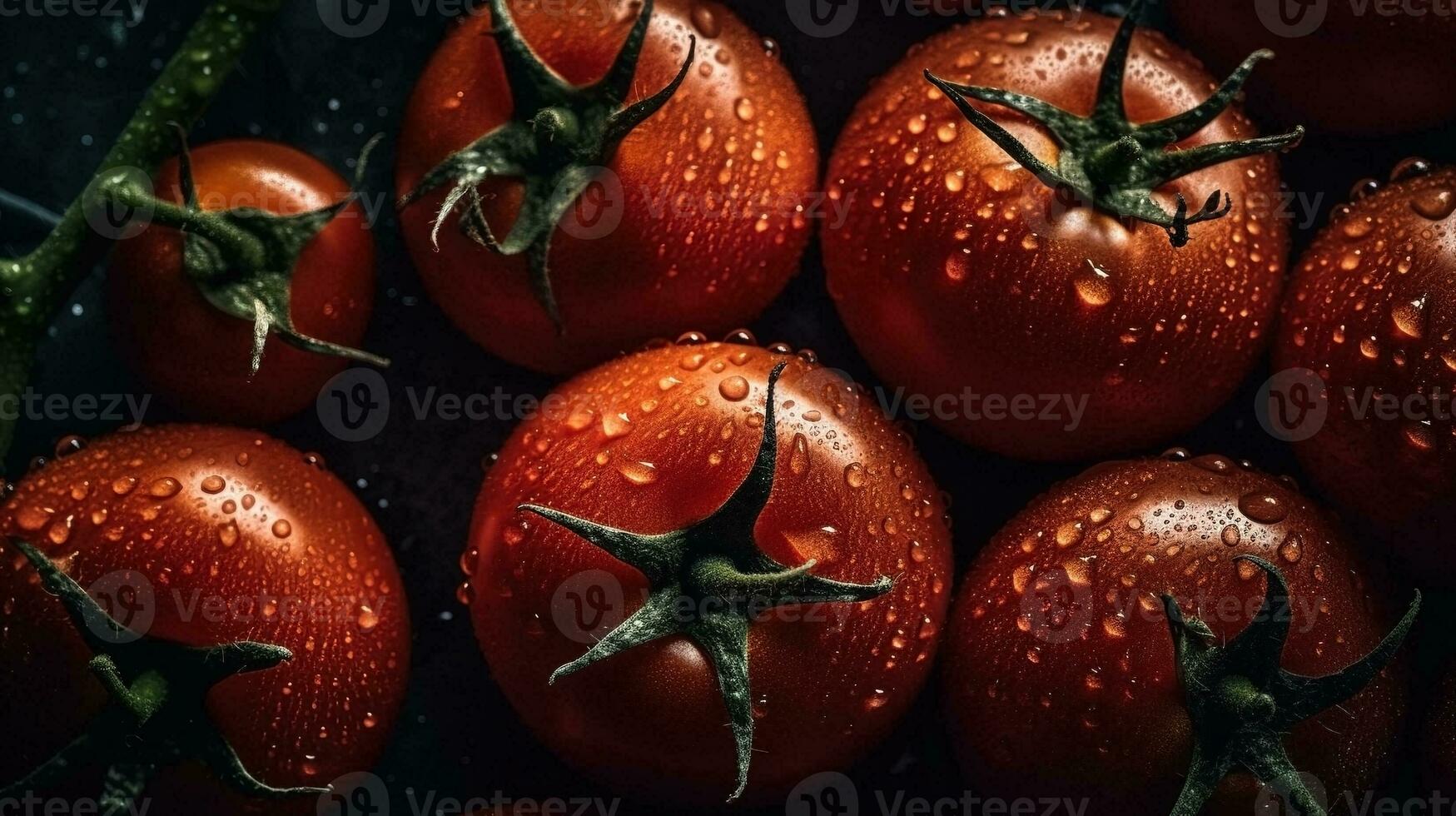 ai gegenereerd detailopname van tomaten met water druppels Aan donker achtergrond. groente behang foto