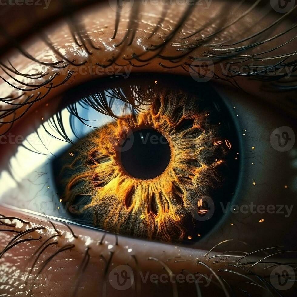 ai gegenereerd realistisch menselijk oog met reflectie van heelal, gouden iris. ai gegenereerd foto