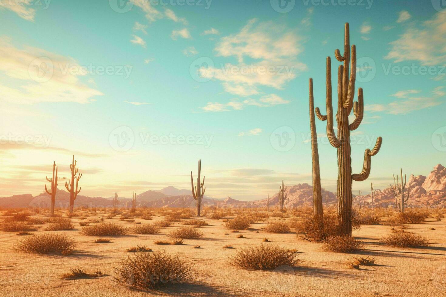 ai gegenereerd een surrealistische woestijn landschap met saguaro cactussen foto