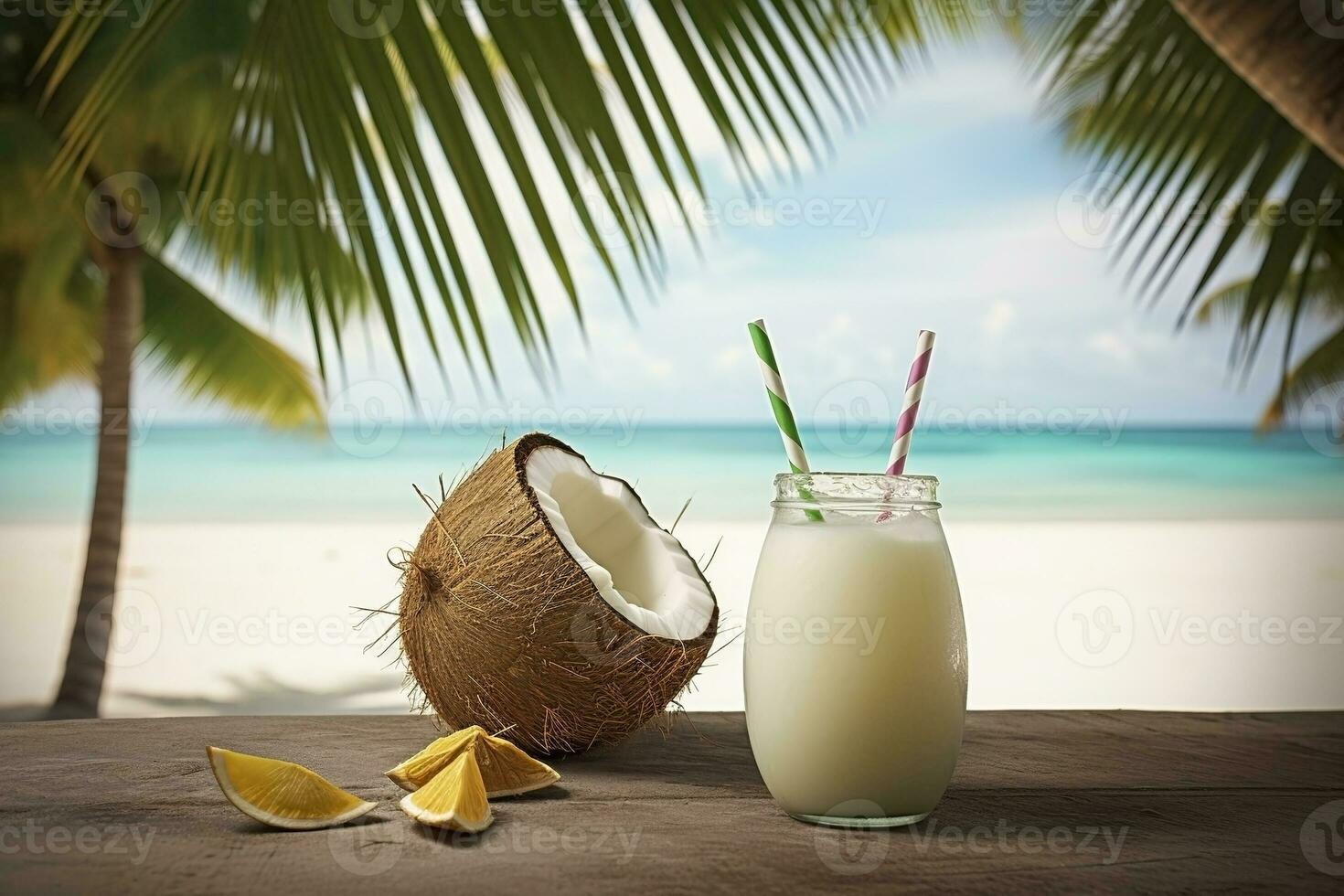 ai gegenereerd kokosnoot cocktail Aan de strand. zomer tropisch achtergrond. ai gegenereerd foto