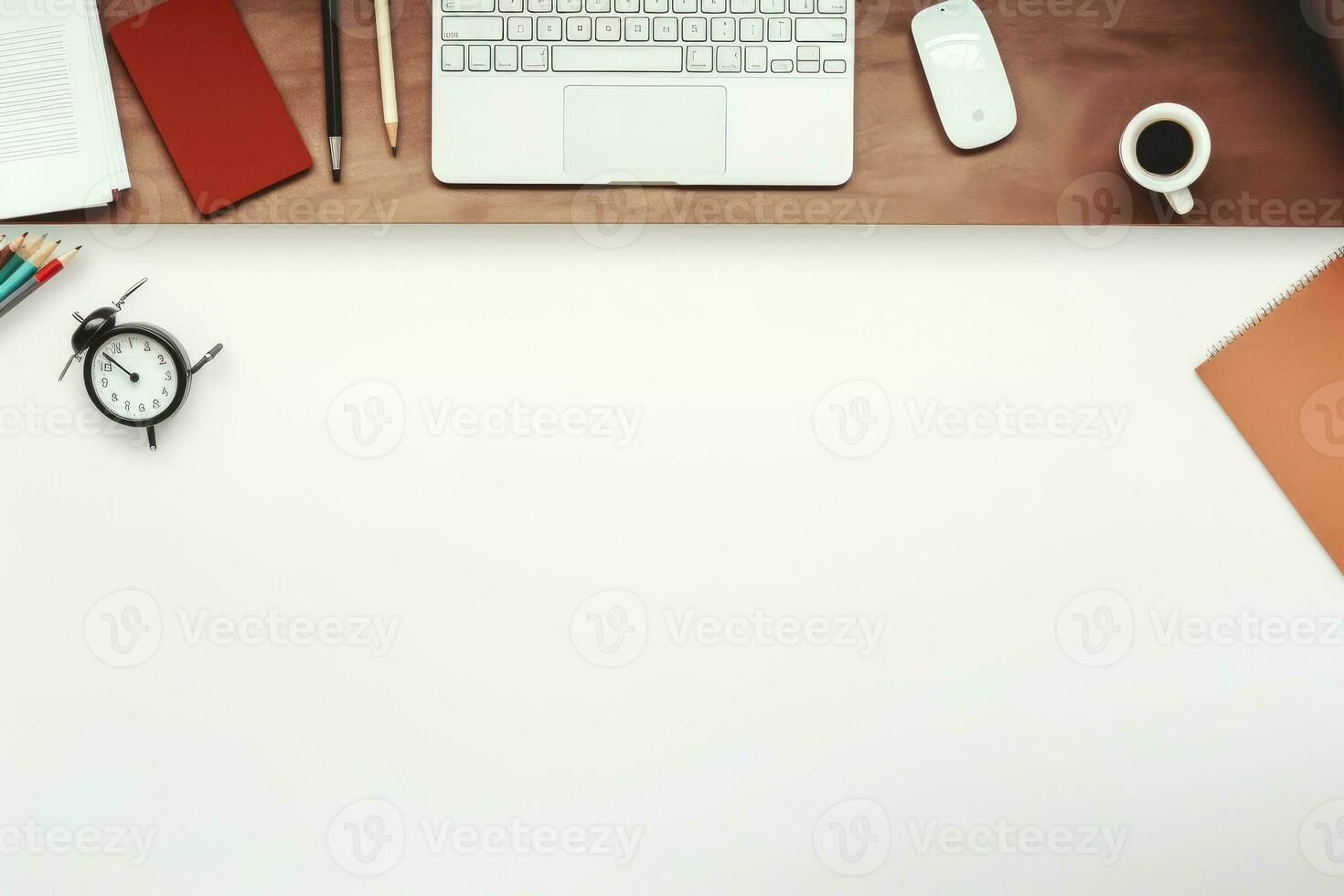 ai gegenereerd top visie kantoor bureau met kantoor hulpmiddelen, computer laptop Aan hout tafel achtergrond met kopiëren ruimte. generatief ai foto