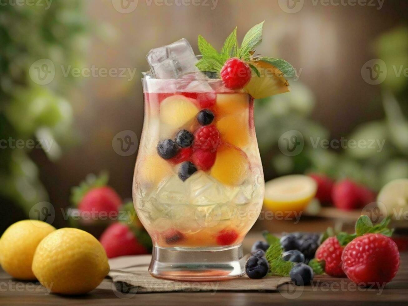 ai gegenereerd glas van alcohol verkoudheid coctail versierd met ijs, fruit en munt blijven Aan hout tafel. vers sap Aan achtergrond met citroen, aardbei, limoen. foto