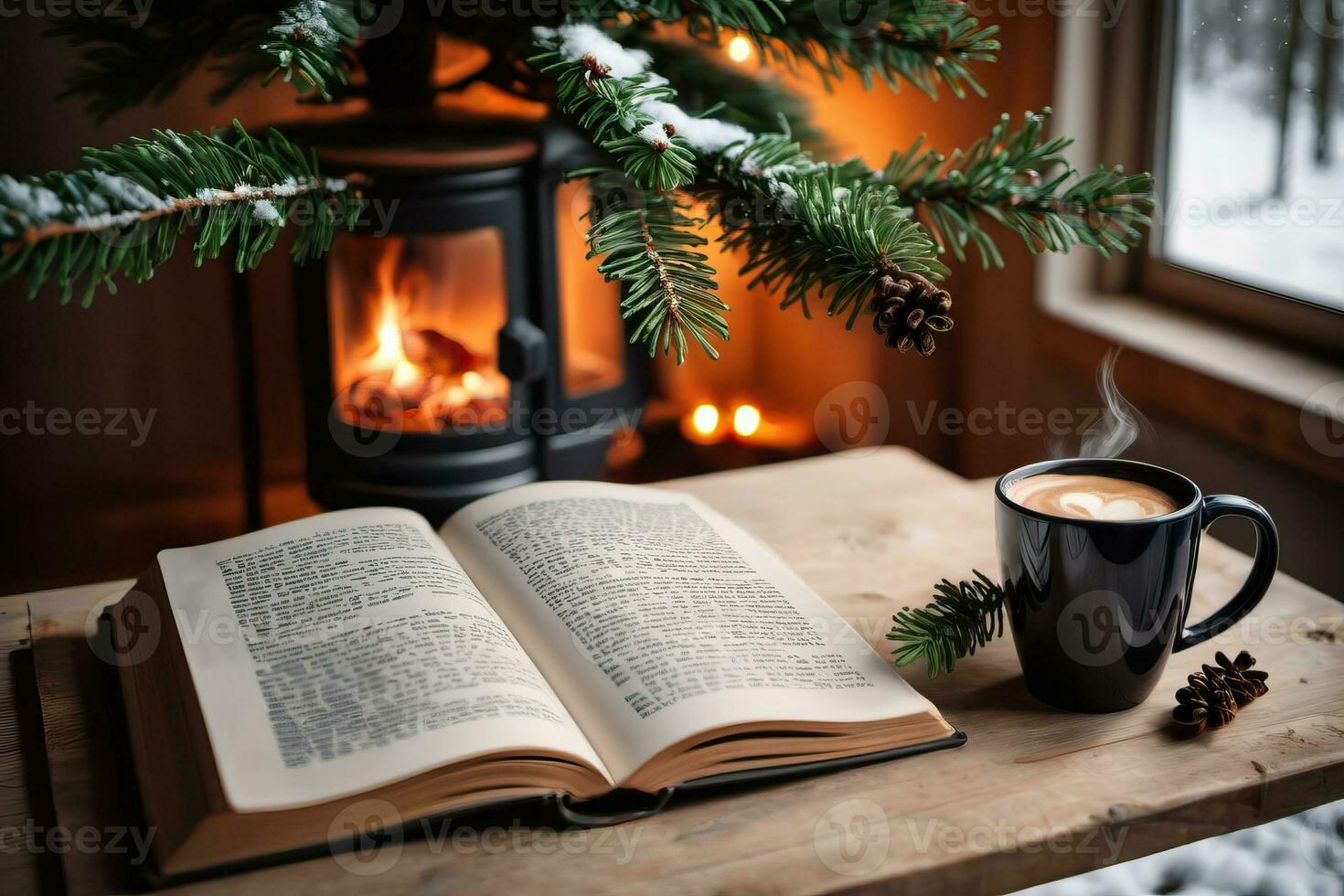 ai gegenereerd winter huis knus concept met koffie en boek foto