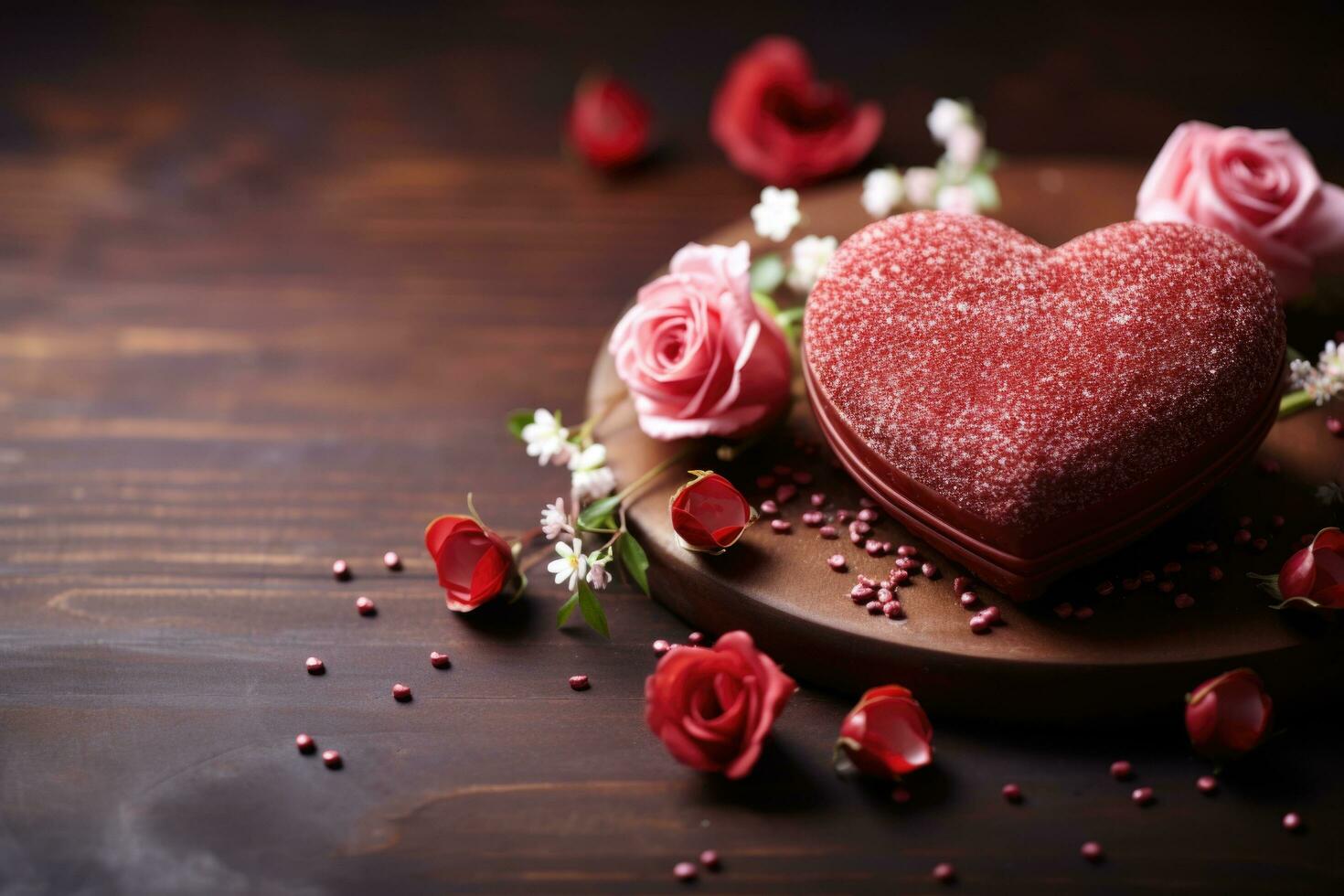 ai gegenereerd doos van snoepgoed in de vorm van een hart Aan de houten tafel. vieren Valentijnsdag dag, moeder dag, Internationale vrouwen dag. foto