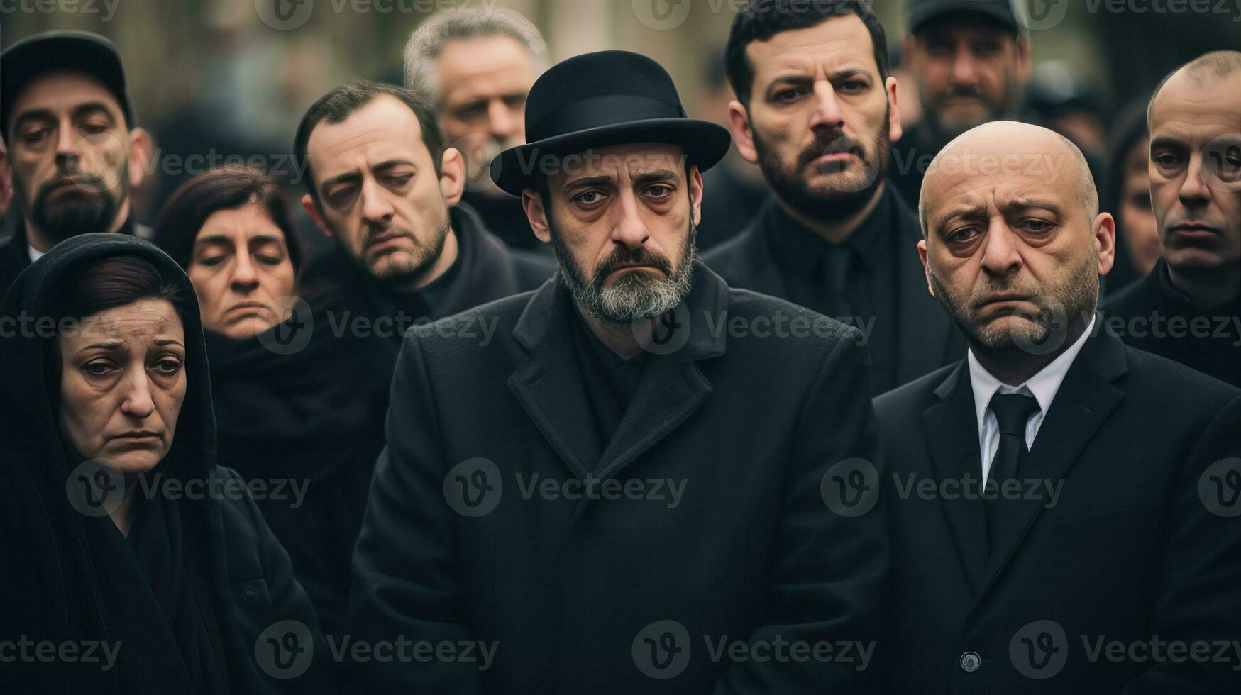 ai gegenereerd ai generatief illustratie van een groep van mensen in zwart kleren op zoek verdrietig Bij een begrafenis foto