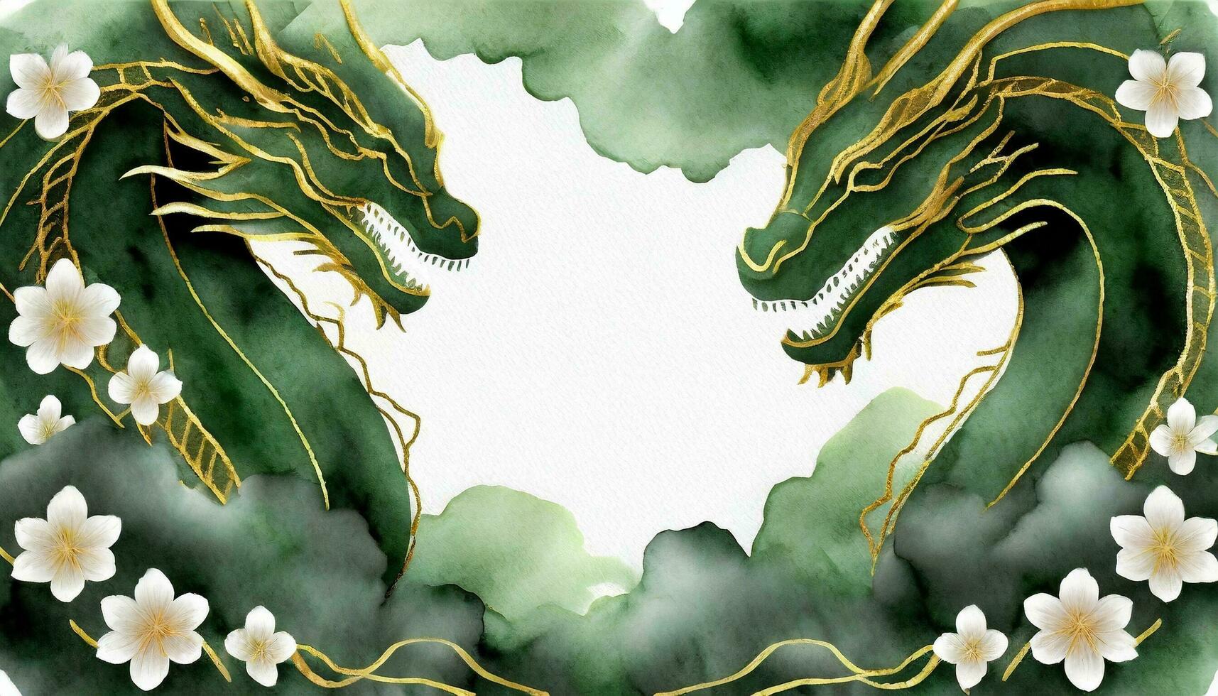 ai gegenereerd 2024 Chinese nieuw jaar spandoek. jaar van de draak sjabloon ontwerp, versierd met draken, wolken, en bloemen Aan een waterverf achtergrond. foto