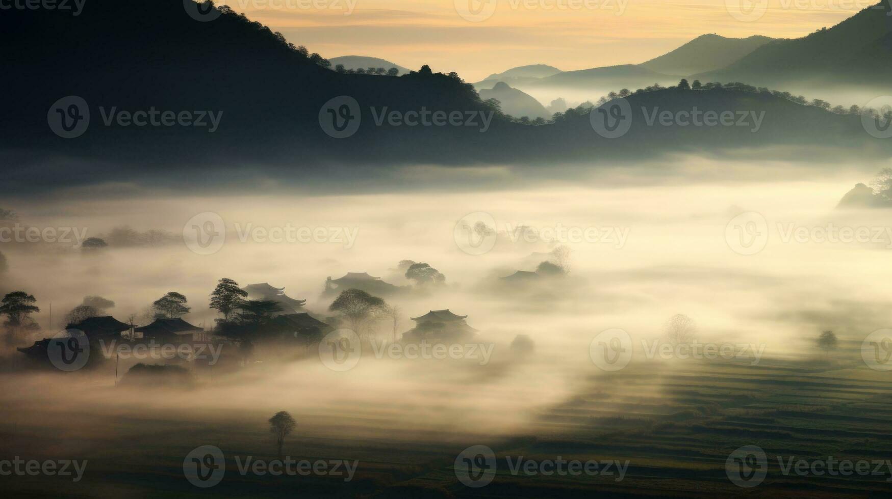 ai gegenereerd Chinese dorp nevelig ochtend- achtergrond behang foto