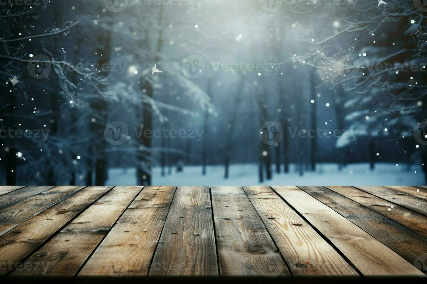 ai gegenereerd leeg winter hout plank bord tafel met sneeuwval ai gegenereerd foto