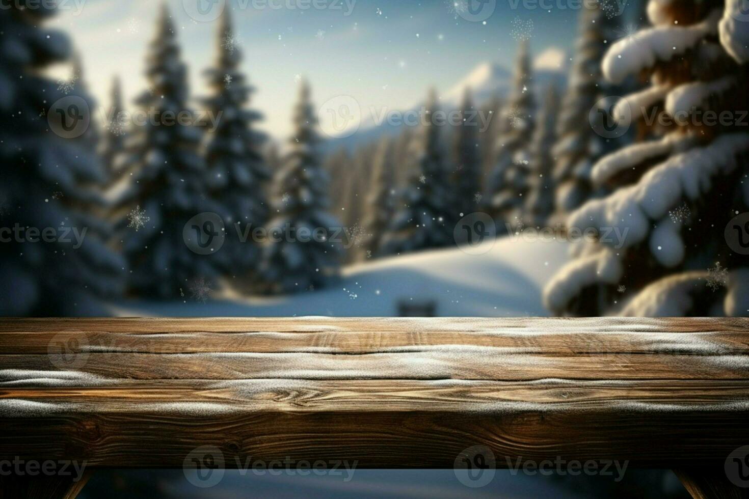 ai gegenereerd leeg winter hout plank bord tafel met sneeuwval ai gegenereerd foto