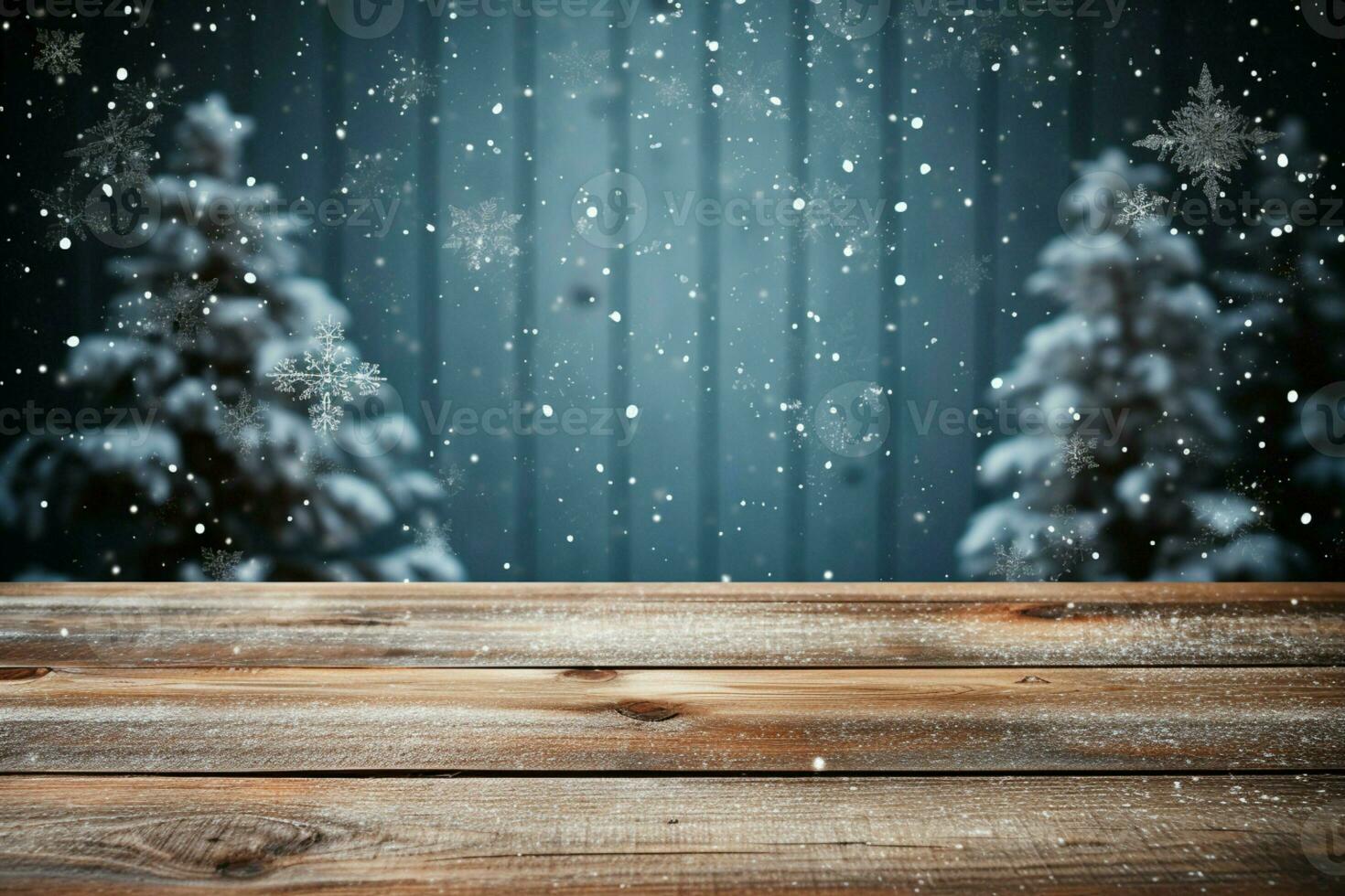 ai gegenereerd leeg winter hout plank bord tafel met sneeuwval ai gegenereerd foto