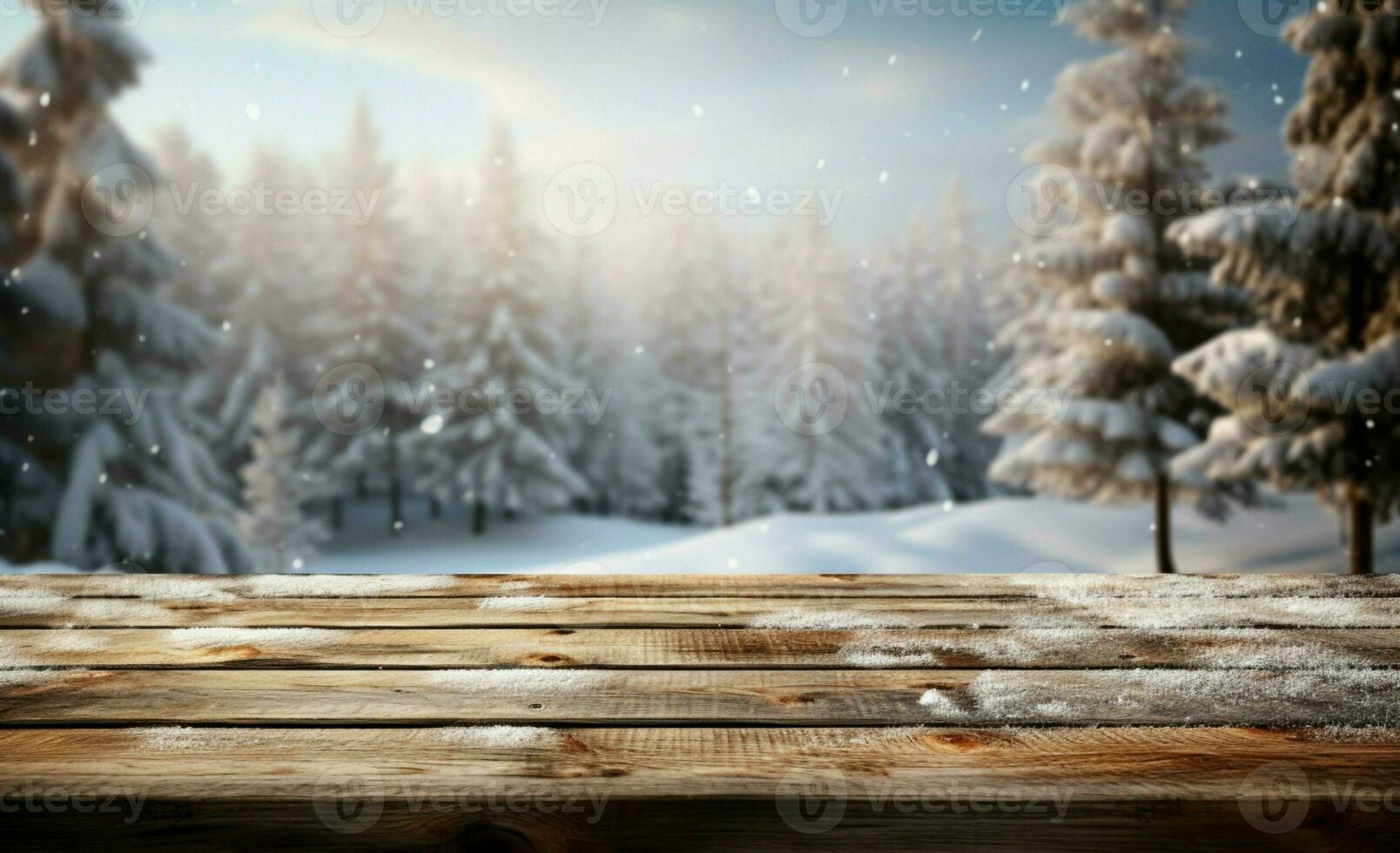 ai gegenereerd leeg winter hout plank bord tafel met sneeuwval ai gegenereerd foto