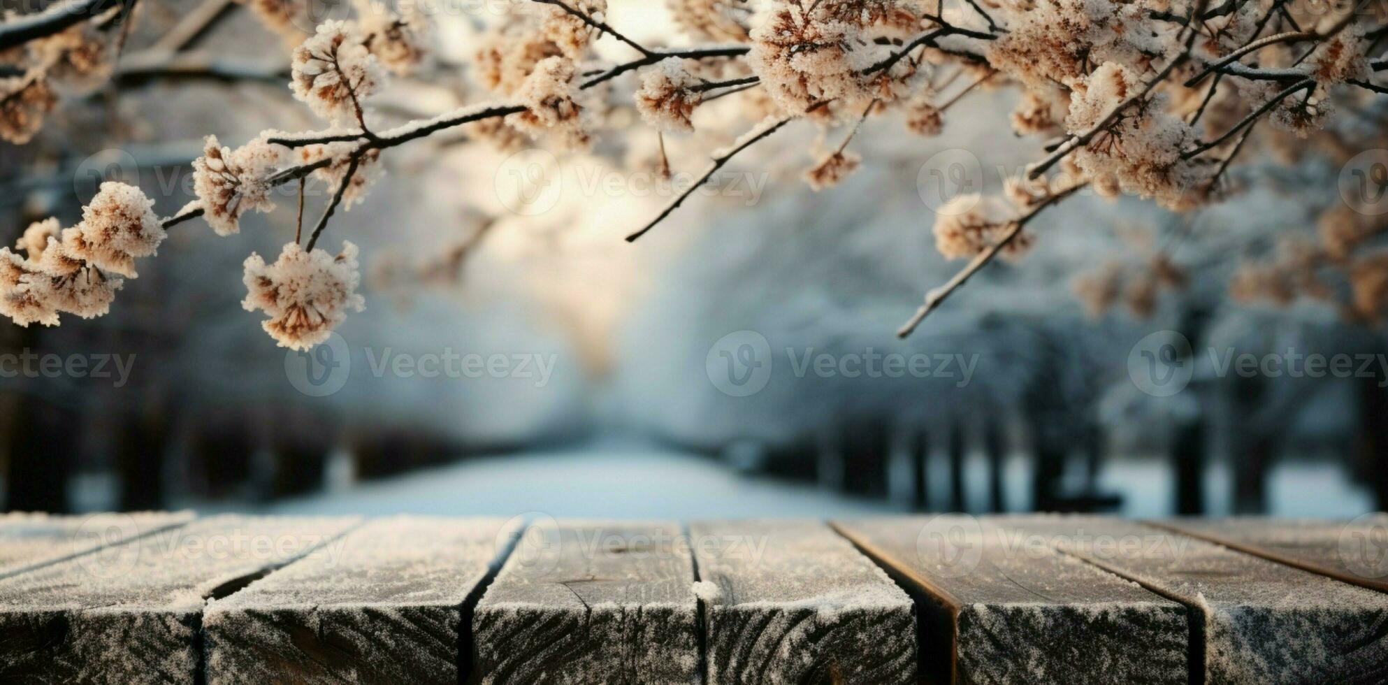 ai gegenereerd leeg winter hout plank bord tafel met sneeuwval ai gegenereerd foto