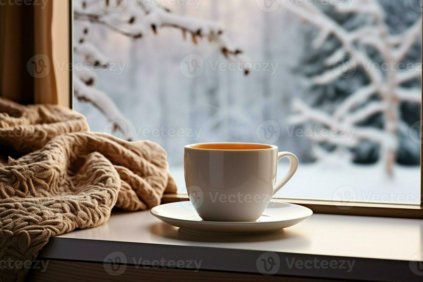 ai gegenereerd kop van thee of koffie mok Aan tafel in de buurt venster winter vakantie ai gegenereerd foto