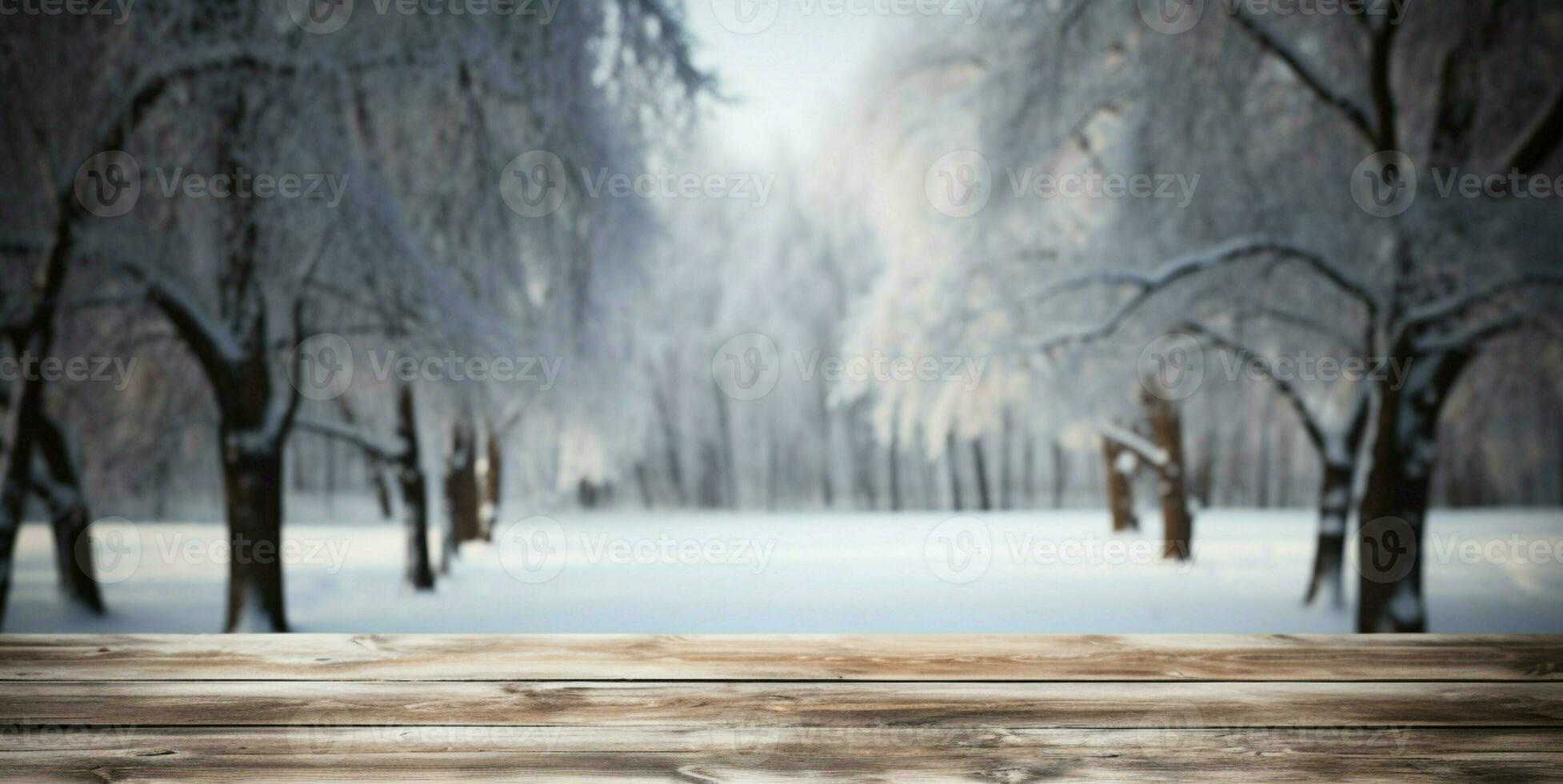 ai gegenereerd leeg winter hout plank bord tafel met sneeuwval ai gegenereerd foto