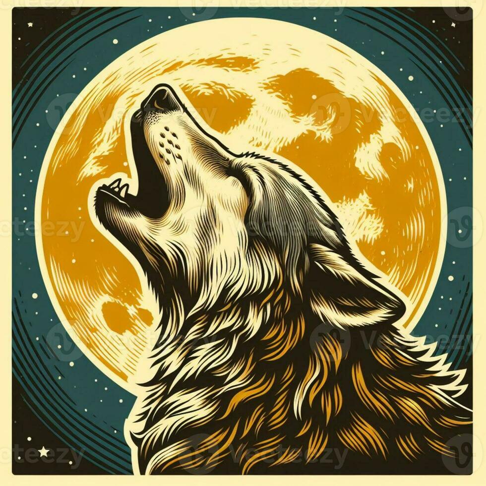 ai gegenereerd illustratie van gehuil wolf en vol maan maanlicht. wijnoogst embleem stijl. foto