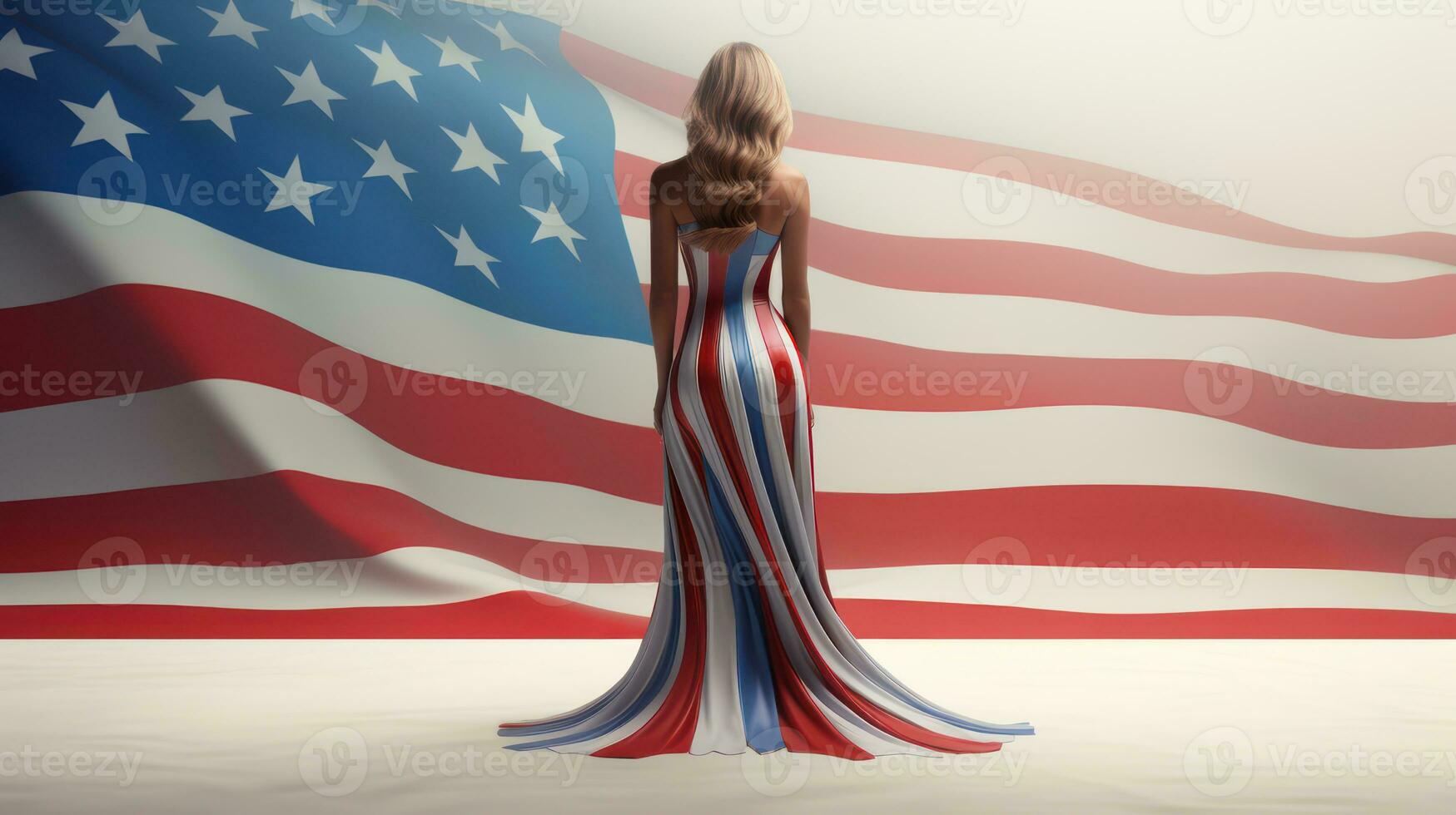 ai gegenereerd blond vrouw in jurk met kleuren van Verenigde Staten van Amerika vlag, visie van de rug. generatief ai foto