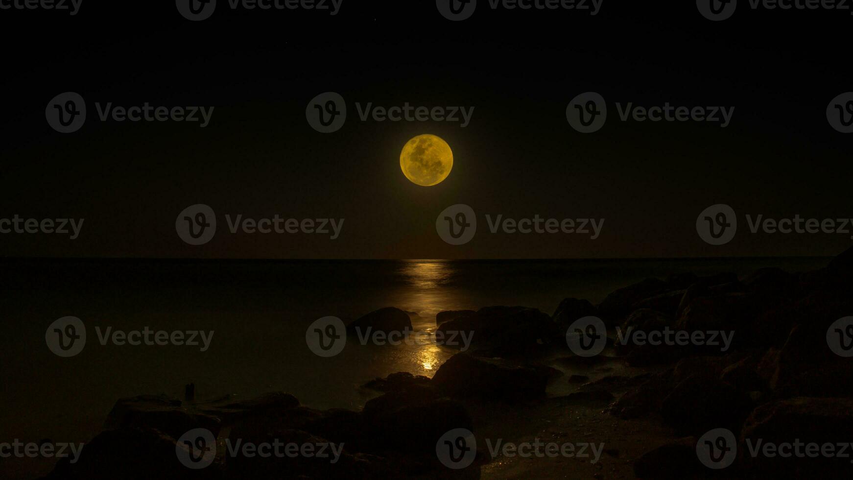 nacht lucht en een vol maan Aan de zee. foto
