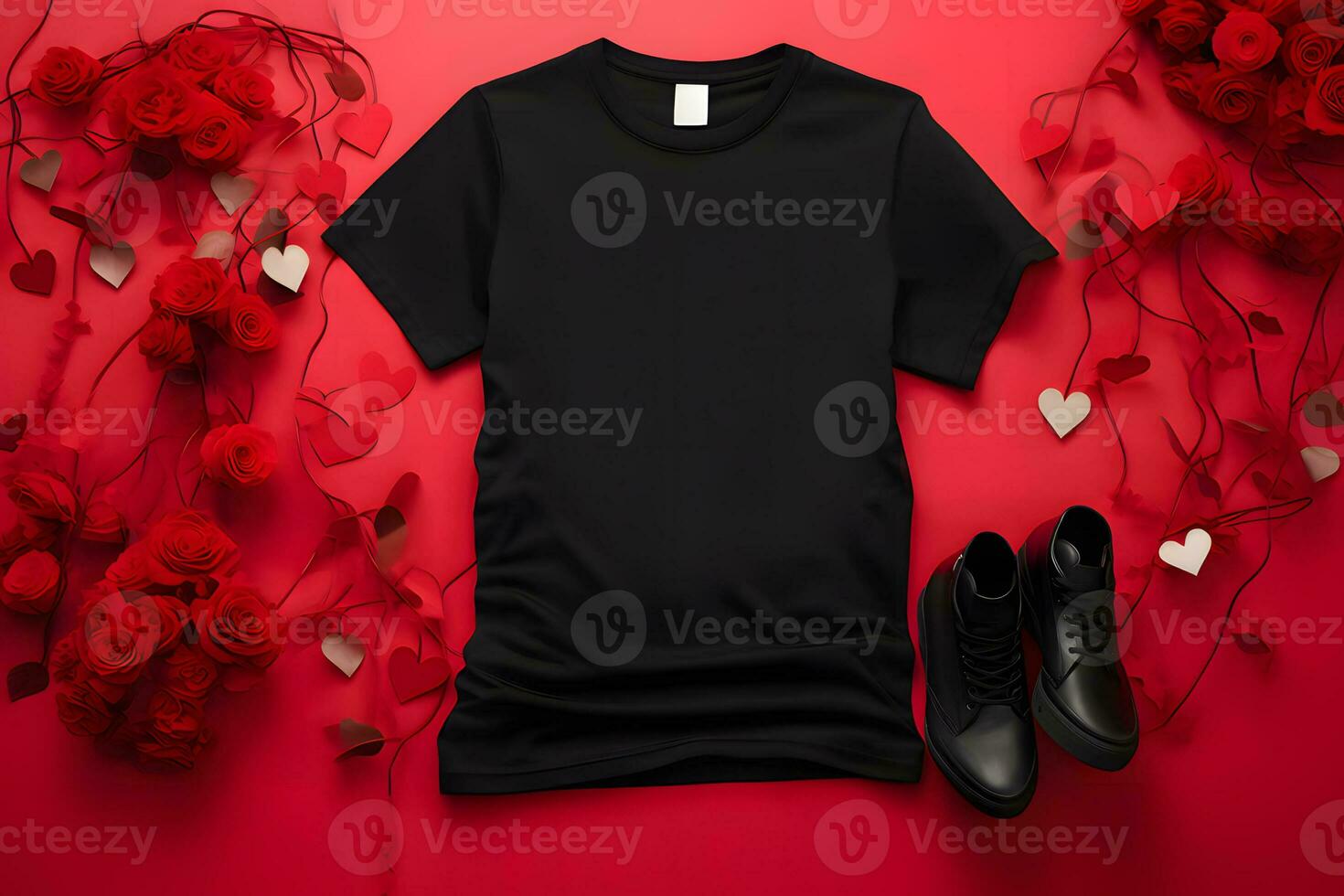 ai gegenereerd mockup van een Valentijn zwart t-shirt, blanco Valentijn zwart overhemd mockup foto