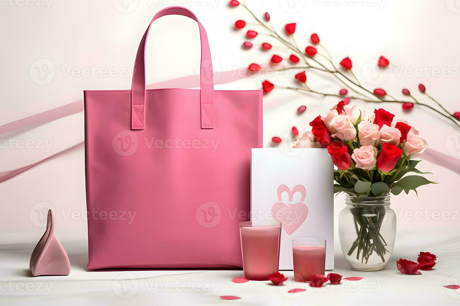 ai gegenereerd Valentijn tote zak Product model, Valentijnsdag dag roze tote zak mockup foto