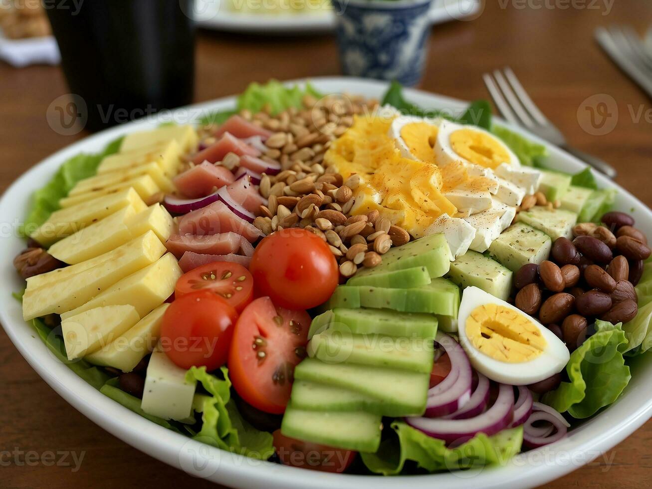 ai gegenereerd cobb salade met spek, avocado, tomaat, gegrild kip, eieren geïsoleerd Aan wit achtergrond. klassiek Amerikaans voedsel foto