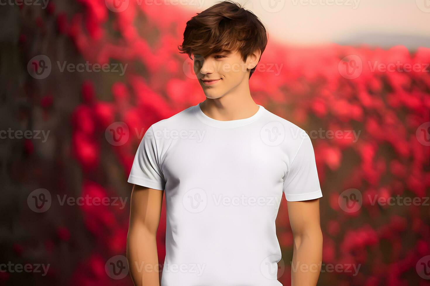 ai gegenereerd Mens vervelend blanco wit t-shirt, Valentijn wit overhemd mockup foto