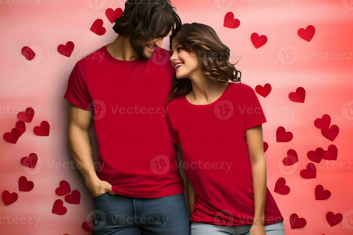 ai gegenereerd Mens en Dames vervelend blanco rood t-shirt, Valentijn paar rood overhemd mockup foto