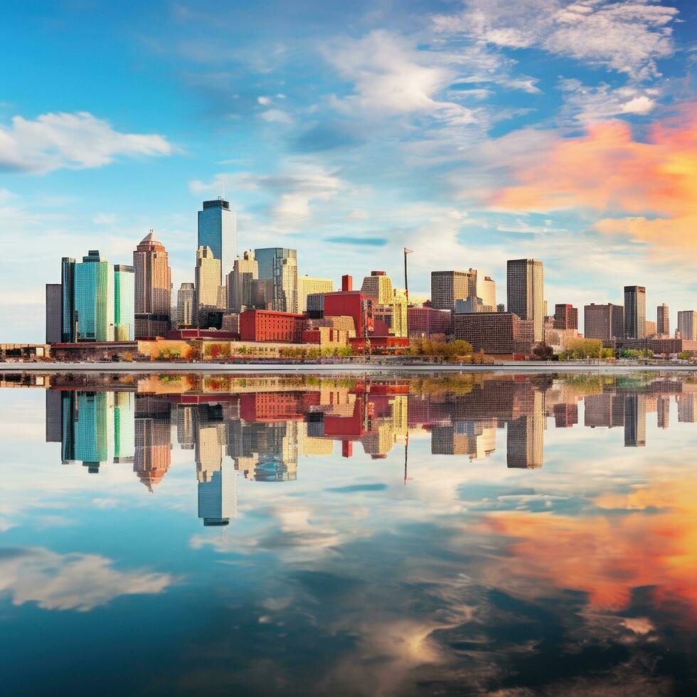 ai gegenereerd een stad horizon weerspiegeld in een kalmte lichaam van water, foto