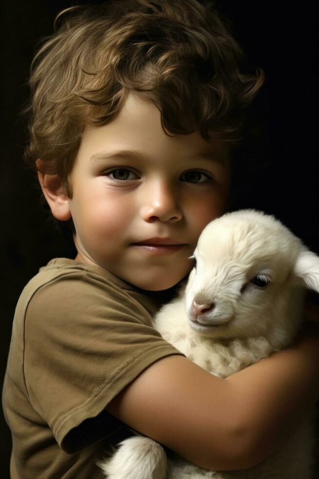ai gegenereerd een jong jongen zacht beroertes de donsachtig vacht van een baby lam genesteld tevreden Aan zijn ronde. foto