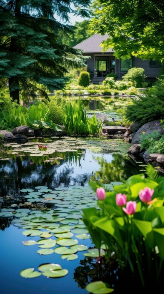 ai gegenereerd een sereen voorjaar tuin met een vijver en lelie kussentjes, foto