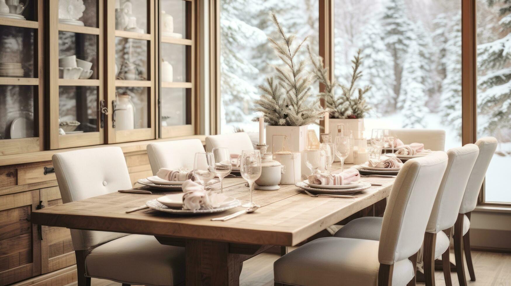 ai gegenereerd een dining kamer met een rustiek boerderij tafel en winters middelpunten, foto