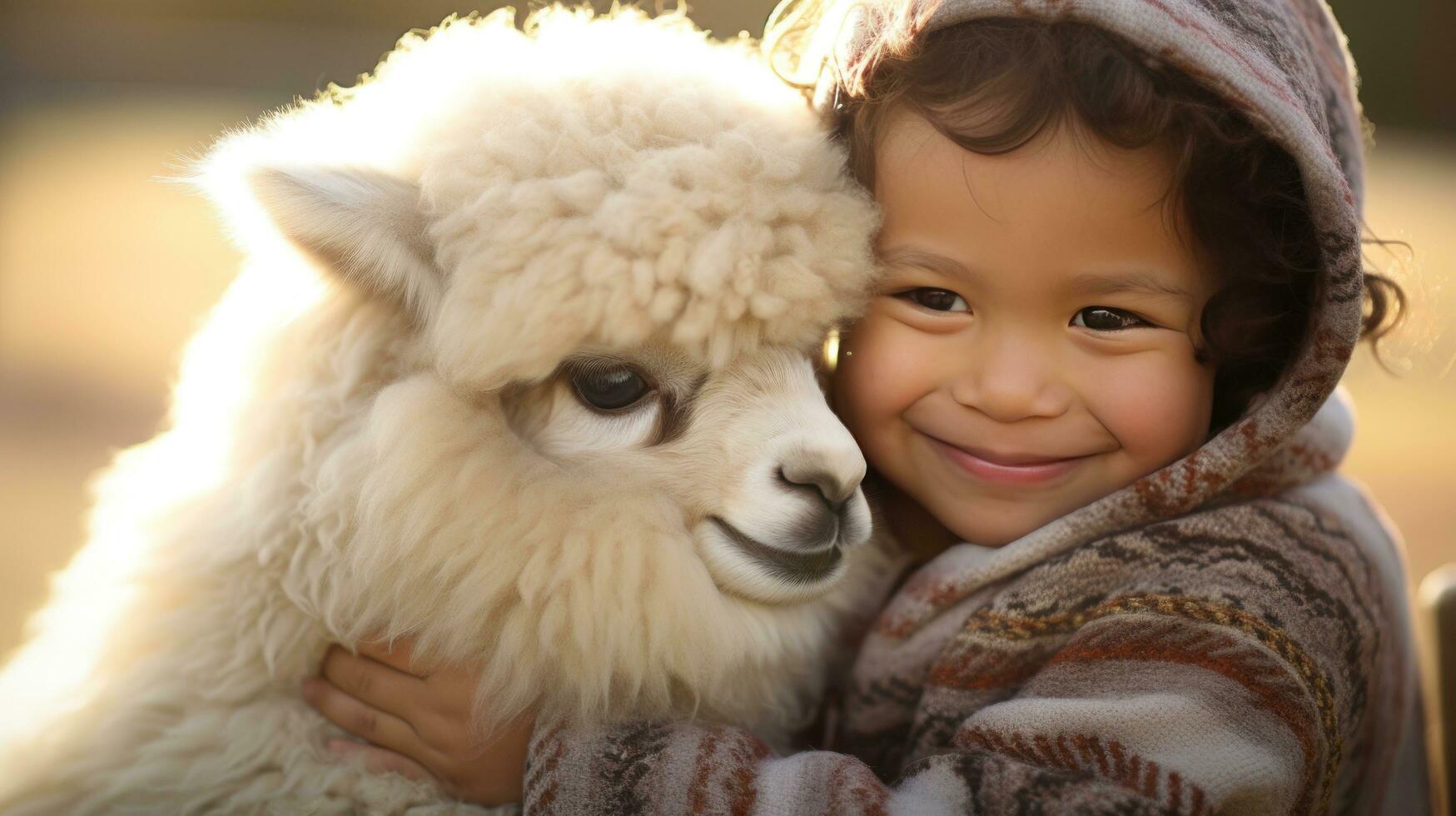 ai gegenereerd een stralend kleuter wiegen een pluizig en tevreden baby alpaca, foto