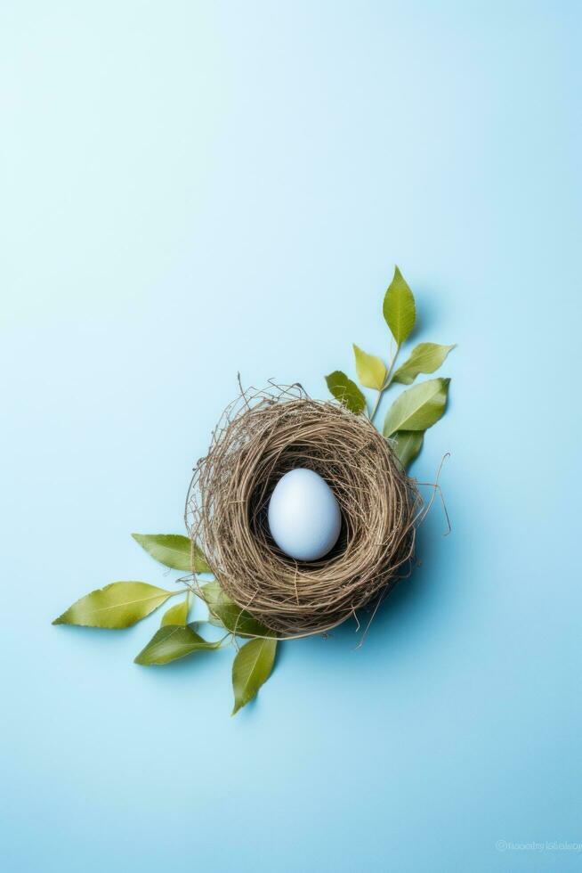 ai gegenereerd een gemakkelijk nog elegant beeld van een single Pasen ei in een nest omringd foto