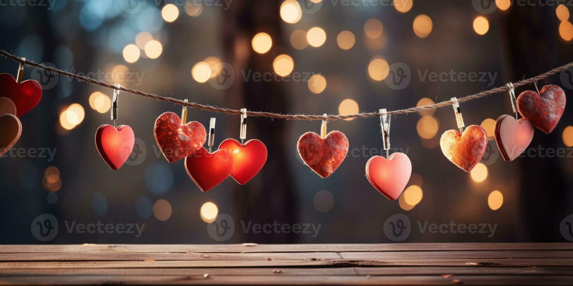 ai gegenereerd gelukkig Valentijnsdag dag bruiloft verjaardag achtergrond banier panoramisch groet rood harten hangende Aan houten wasknijpers touw met bokeh lichten Aan achtergrond foto