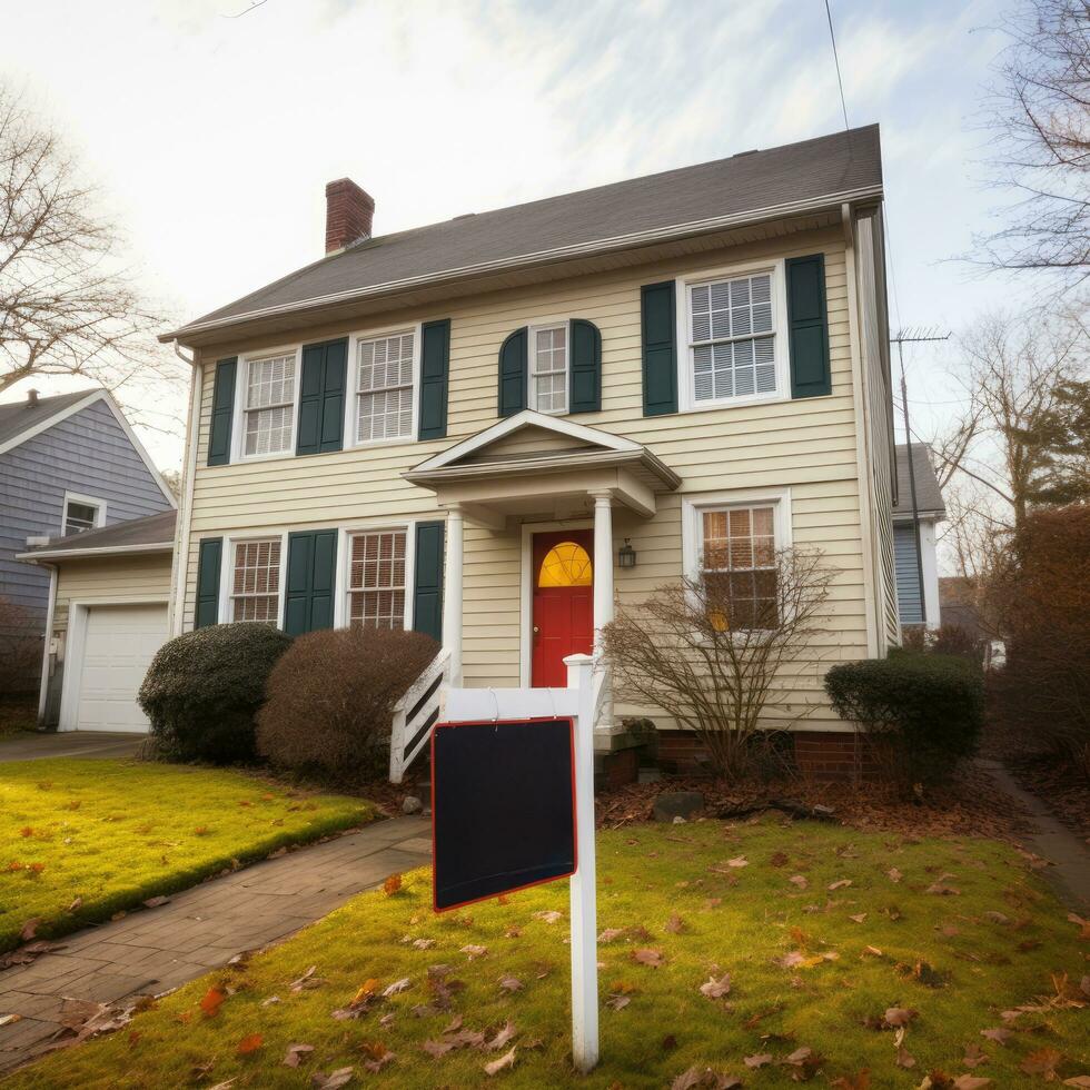 ai gegenereerd een huis met een verkocht met een teken voor de prijs foto