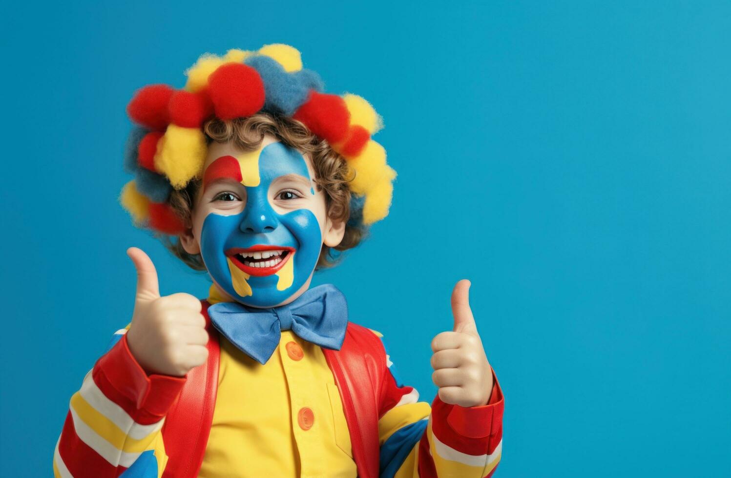 ai gegenereerd jong weinig clown tonen duimen omhoog in een kleurrijk kostuum Aan geel foto