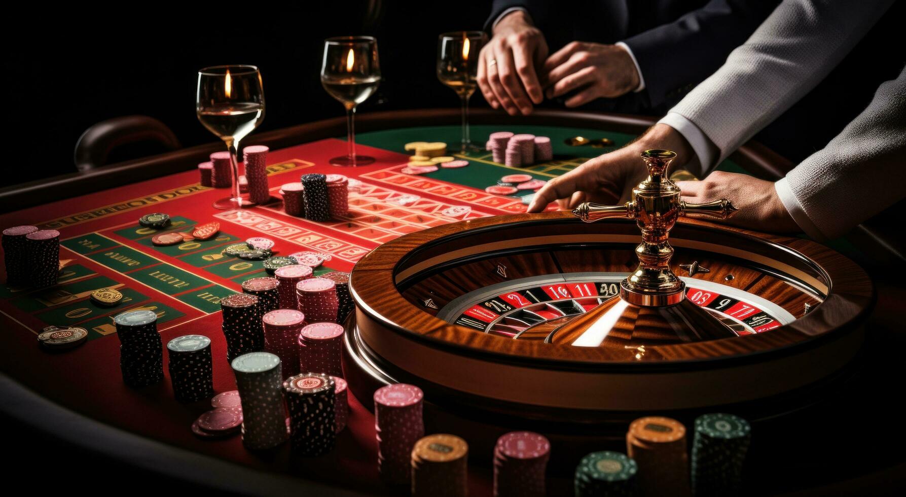 ai gegenereerd spelers spinnen rol Aan een roulette tafel gebruik makend van kaarten en spaander foto