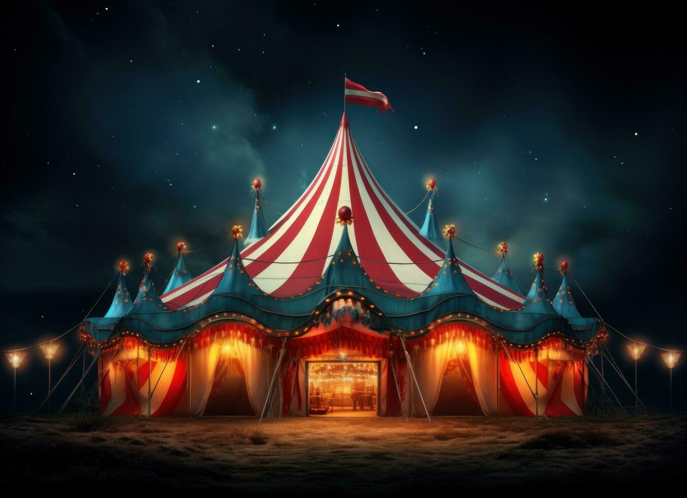 ai gegenereerd rood en geel circus tent Bij nacht met lichten foto