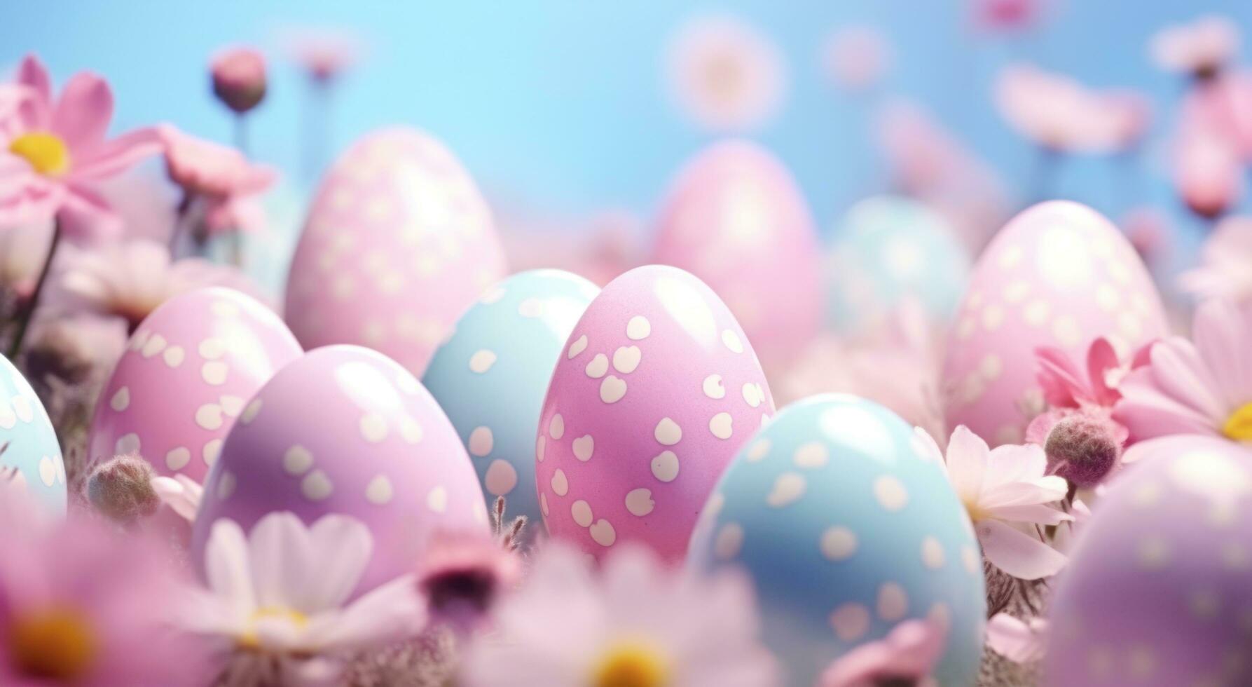 ai gegenereerd Pasen eieren zittend in een achtergrond van bloemen foto