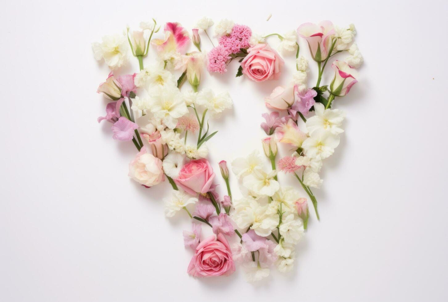 ai gegenereerd wit en roze bloemen geregeld in een alfabet vorm foto