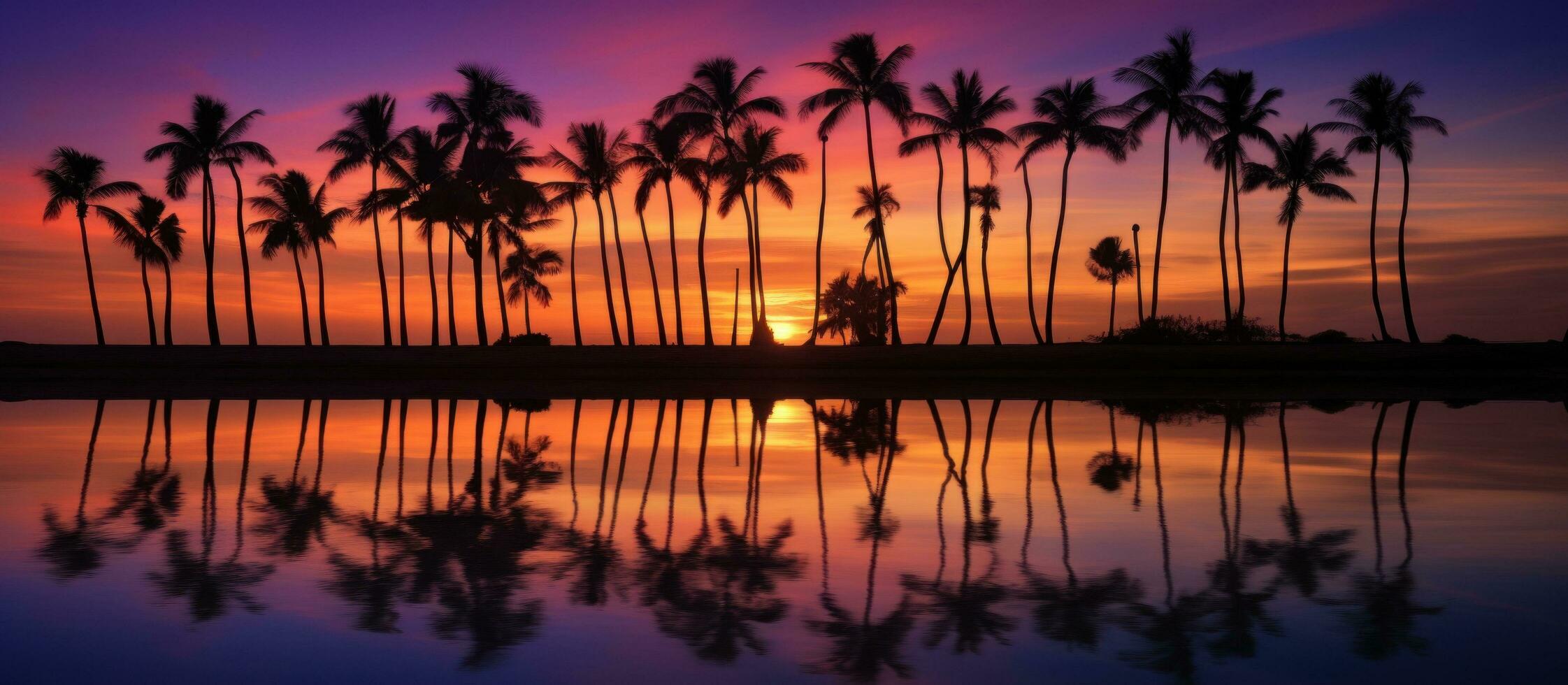 ai gegenereerd zonsondergang met reflectie van palm bomen foto