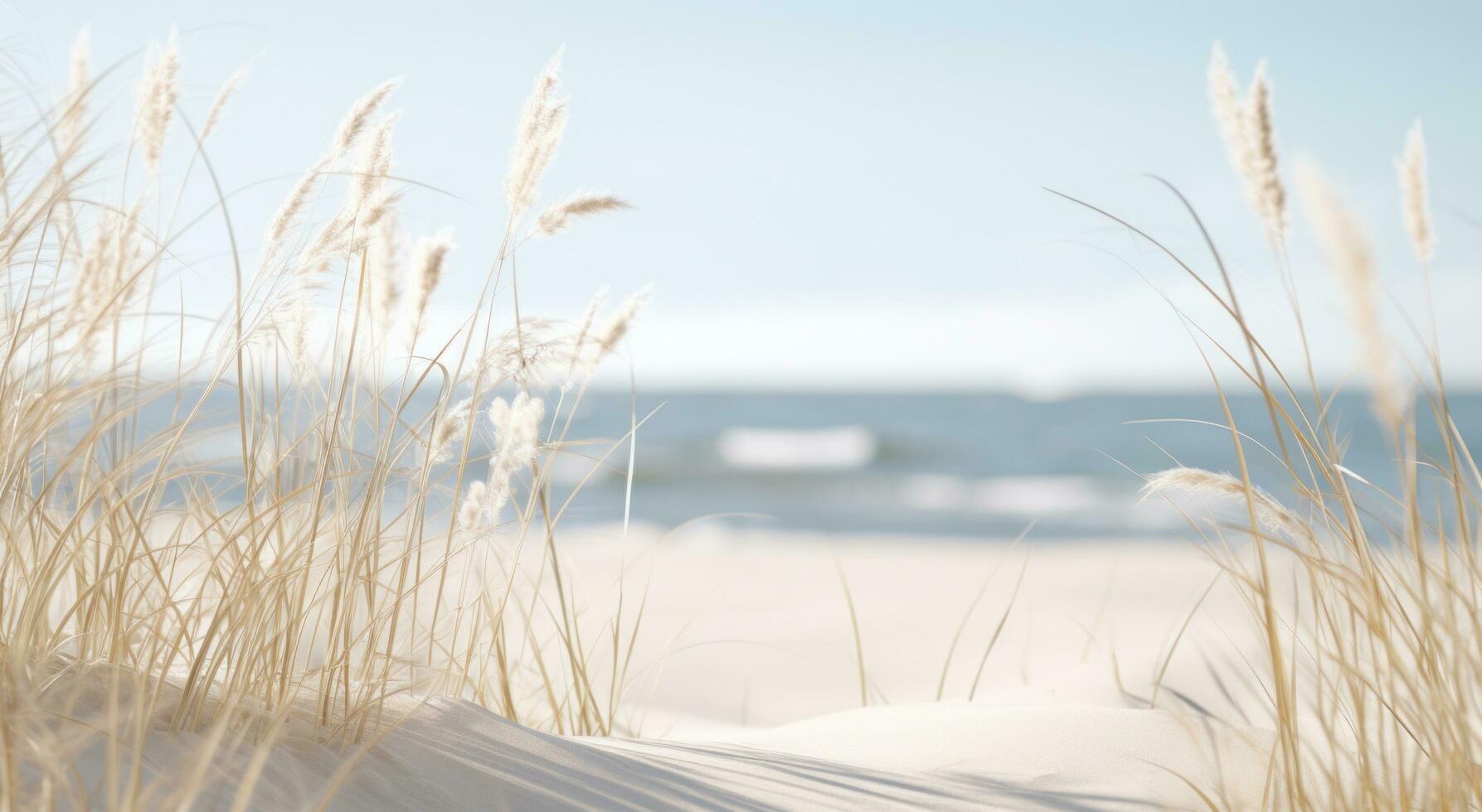 ai gegenereerd dichtbij omhoog van een strand in de buurt sommige gras en zand foto