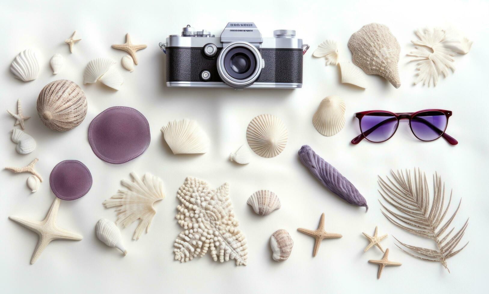 ai gegenereerd strand en zee vakantie met wijnoogst camera, zonnebril en schelpen Aan wit foto