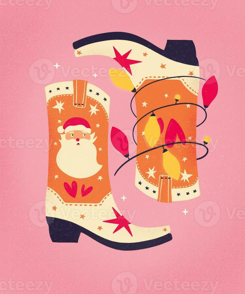 Kerstmis cowboy laarzen met de kerstman claus en Kerstmis lichten Aan roze achtergrond. schattig feestelijk winter vakantie groet kaart illustratie. helder kleurrijk ontwerp. foto