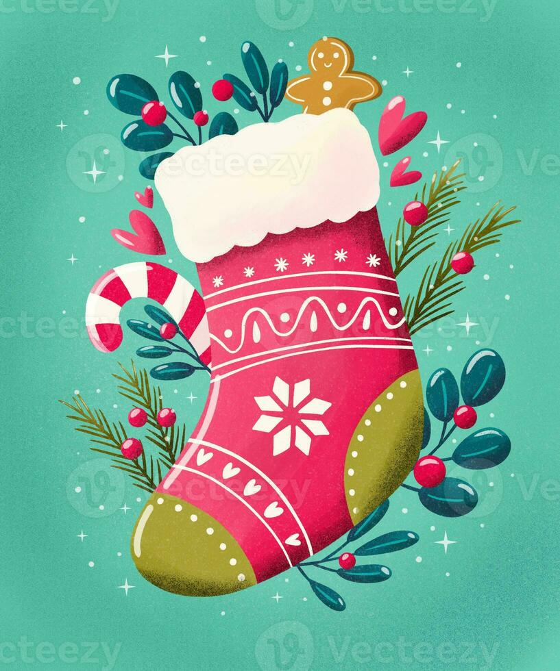 Kerstmis kous met decoratie Aan munt achtergrond. schattig feestelijk winter vakantie illustratie. helder kleurrijk roze en blauw ontwerp. foto